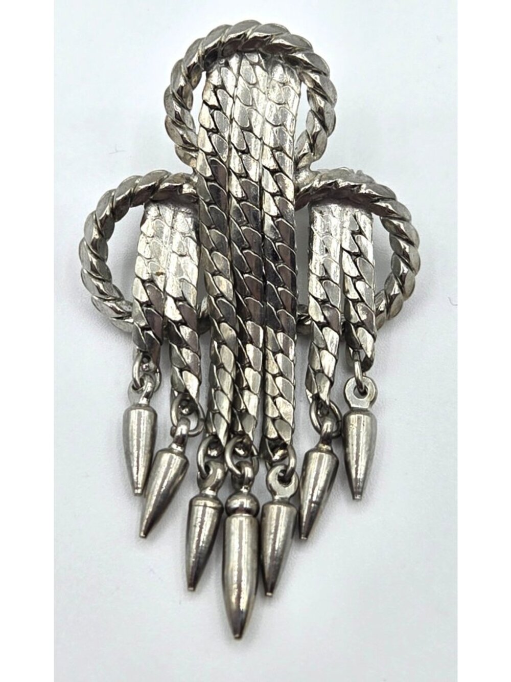 Vintage Silver Tone Brooch with Tassels Engraved Metal 10 grams